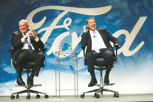 Ford Motor executive chairman Bill Ford (right) and James Hackett answer questions from the media after announcing Hackett was named as Ford Motor Company president and CEO, succeeding Mark Fields, in Dearborn, Michigan yesterday.