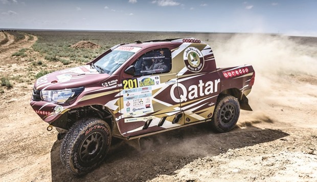 Qataru2019s Nasser Saleh al-Attiyah, driving an Overdrive Racing Toyota Hilux, in action at the Rally Kazakhstan yesterday.