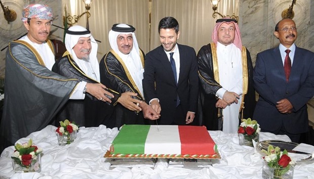 A special function was held in the Italian-inspired Al Hazm yesterday to mark Italian National Day. HE Jassim Seif Ahmed al-Sulaiti, Minister of Transport and Communications; Ibrahim Fakhroo, protocol director at the Ministry of Foreign Affairs; Pasquale Salzano, Italian ambassador to Qatar; and Ali Ibrahim Ahmed, Eritrean ambassador and dean of the Diplomatic Corps, were among the dignitaries at the event. A ceremonial cake was cut to mark the occasion, with ambassador Salzano highlighting Qatar-Italy bilateral relations.