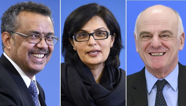 (From L) Ethiopian Minister of Foreign Affairs Tedros Adhanom, Pakistani cardiologist Doctor Sania Nishtar and British doctor David Nabarro