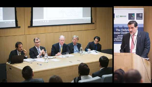 Conference speakers (from left) Dr Khalid AlKhater; Oliver Cornock; Chris Innes-Hopkins, Professor William Scott-Jackson; and panel chair Suliman al-Atiqi, committee chairman, Oxford Gulf and Arabian Peninsula Studies Forum.  RIGHT: HE Mr Yousef Ali al-Khater giving his keynote address at the Oxford-GCC Business Conference 2017 in London.
