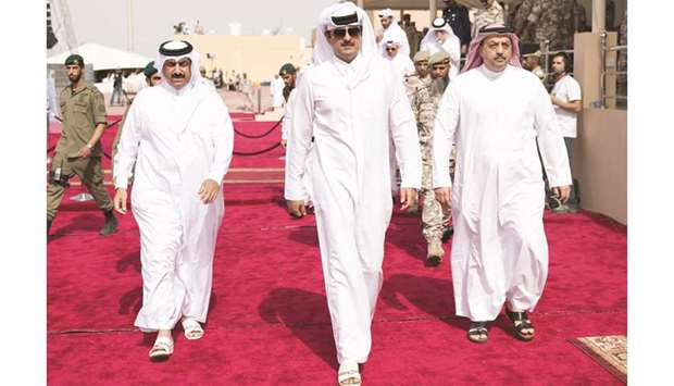 HH the Emir Sheikh Tamim bin Hamad al-Thani and other dignitaries arriving to attend the graduation ceremony of the 8th batch of the National Service recruits at Al Shamal Training Camp.