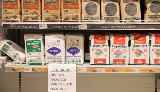Bags of flour are on display at a supermarket in Nairobi, Kenya