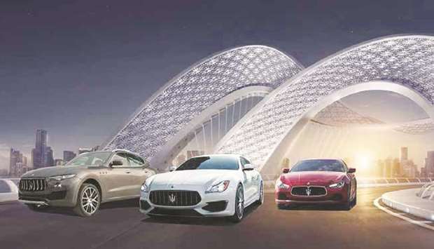 A line-up of Maserati luxury sports cars.