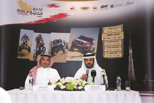 President of ATCUAE and Emirates Motor Sports Federation Mohamed Ben Sulayem (right) and promoter of the Gulf Challenge Abdullah Bakhashab address media in Dubai yesterday.