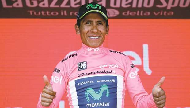 Colombiau2019s Nairo Quintana of Movistar team celebrates his overall leader pink jersey on the podium at the end of the 19th stage of 100th Giro du2019Italia from San Candido to Piancavallo of 191 km in Piancavallo yesterday. (AFP)