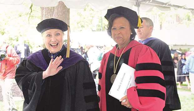 Hillary Clinton at the Wellesley College in Wellesley, Massachusetts, yesterday. Clinton graduated from Wellesley College in 1969.