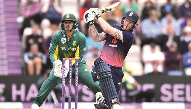 Englandu2019s Ben Stokes (right) plays a shot as South African wicket-keeper Quinton de Kock looks on during the second ODI in Southampton yesterday. (AFP)