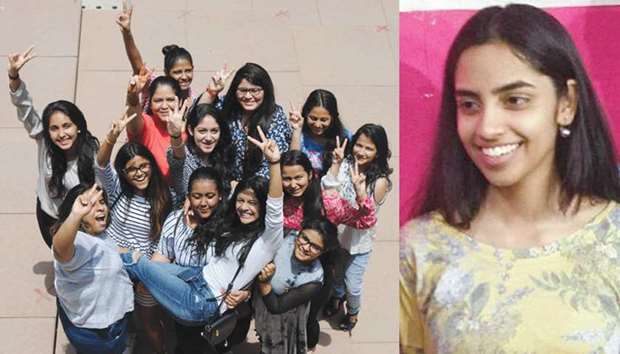 Students celebrate after the Class 12 CBSE exams results were declared, in New Delhi yesterday. Right: Topper Raksha Gopal from of Amity International School in who secured 99.6%.