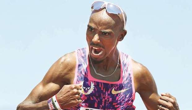 Mo Farah of Great Britain ccelebrates winning the 5,000m during the 2017 Prefontaine Classic Diamond League at Hayward Field in Eugene, Oregon. (AFP)