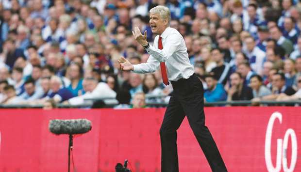 Arsenal manager Arsene Wenger gestures on the touchline during the FA Cup final against Chelsea at Wembley stadium in London on Saturday. (AFP)