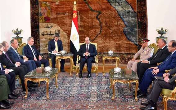 Egyptian President Abdel Fattah al-Sisi meeting with Russiau2019s Defence Minister Sergei Shoigu and Russian Foreign Minister Sergei Lavrov in Cairo.