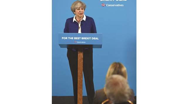 Prime Minister Theresa May speaks during a general election campaign event in Wolverhampton, central England, yesterday.