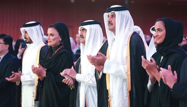 HH the Emir Sheikh Tamim bin Hamad al-Thani, HH the Father Emir Sheikh Hamad bin Khalifa al-Thani, QF chairperson HH Sheikha Moza bint Nasser, and QF vice-chairperson and chief executive HE Sheikha Hind bint Hamad al-Thani attending the graduation ceremony.