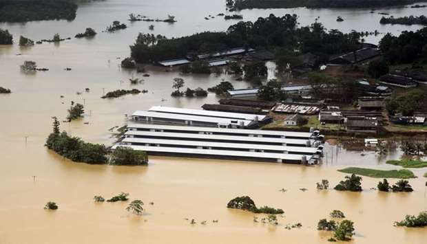 A flooded factory is seen in a village in Matara, Sri Lanka