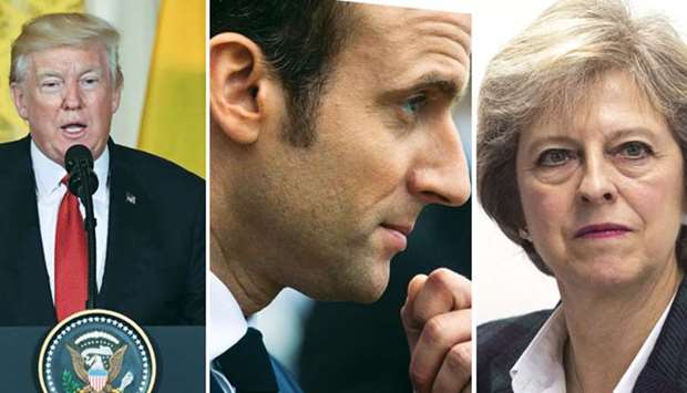 US President Donald Trump, French President Emmanuel Macron and Britainu2019s Prime Minister Theresa May