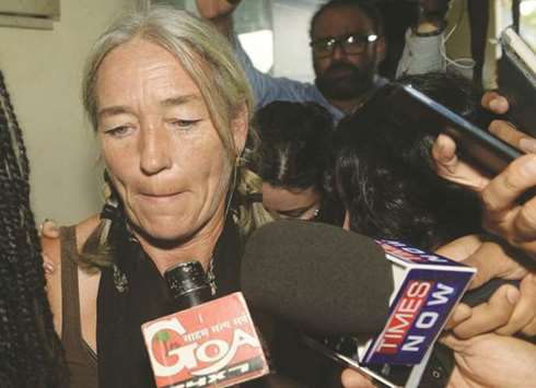A file photograph of Fiona MacKeown, the mother of murdered British schoolgirl Scarlett Keeling, speaks to reporters in Panaji.