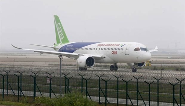 China's first big passenger plane, the C919, being given a high-speed taxi test at Shanghai Pudong International Airport in Shanghai last month.