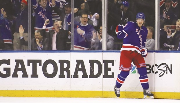 Nick Holden of the New York Rangers celebrates his goal.