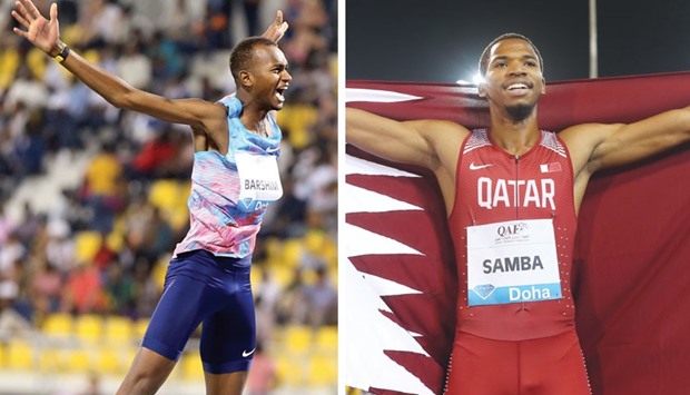 Qatar's Mutaz Barshim lets out a mighty shriek after winning the high jump with a leap of 2.36m and  Abdulrahman Samba celebrates after winning the 400m hurdles.