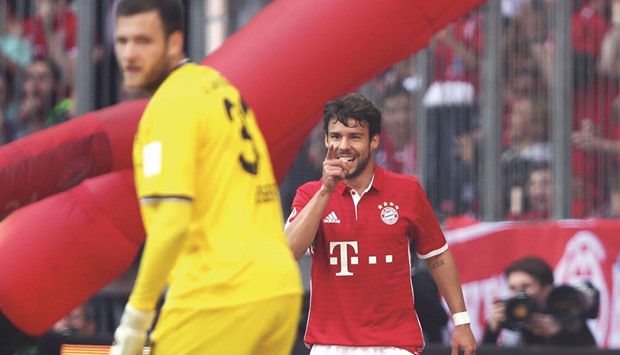 Bayern Munichu2019s Juan Bernat celebrates after scoring against Darmstadt yesterday.