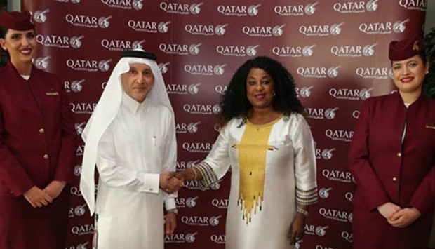 Qatar Airways Group chief executive Akbar al-Baker and FIFA secretary-general Fatma Samoura at the official signing ceremony of the new sponsorship agreement in Doha.