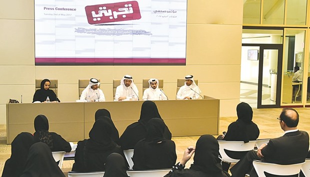 Officials of QU, Qataru2019s Ministry of Culture and Sports, u2018Tajrebatyu2019 Initiative and Qataru2019s Youth Hostels Association at the press conference.