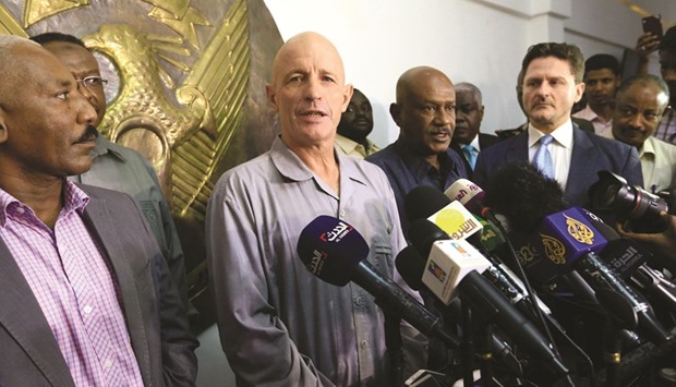French citizen Thierry Frezier who was abducted south of Abeche, speaks during a news conference after his release at Khartoum airport, Sudan yesterday.