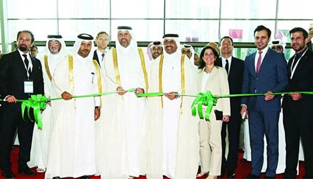 HE the Minister of Economy and Commerce Sheikh Ahmed bin Jassim bin Mohamed al-Thani inaugurating the 14th Project Qatar Exhibition on Monday. Also pictured are HE the Minister of Energy and Industry Dr Mohamed bin Saleh al-Sada, US ambassador Dana Shell Smith, French ambassador Eric Chevalier, and other dignitaries. PICTURES: Jayaram