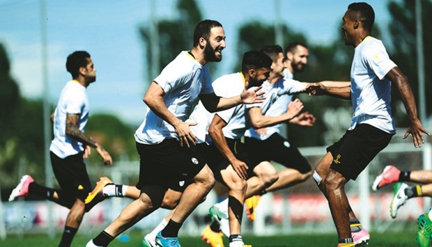 Juventusu2019 Gonzalo Higuain (centre) takes part in training on the eve of the Champions League semi-final 2nd leg match against Monaco. (AFP)