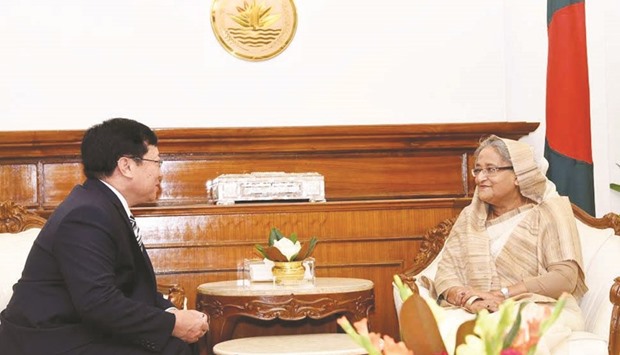 Prime Minister Sheikh Hasina during a meeting with outgoing Myanmar ambassador Myo Myint Than in Dhaka yesterday.