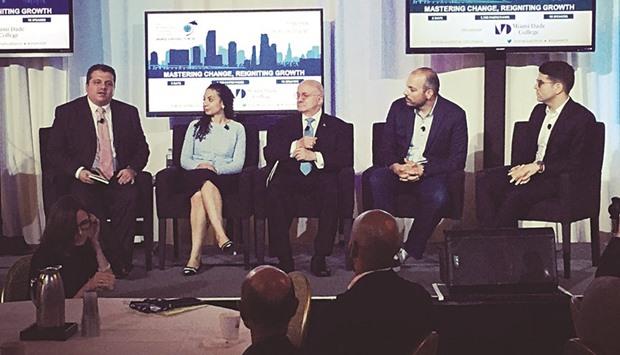 Stavros N Yiannouka (left) leads a panel on 21st century skills at the World Strategic Forum in Miami, US.