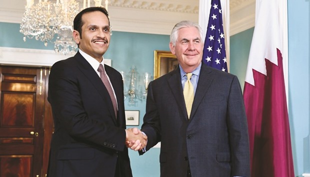 HE the Foreign Minister Sheikh Mohamed bin Abdulrahman al-Thani with US Secretary of State Rex Tillerson in Washington on Monday.