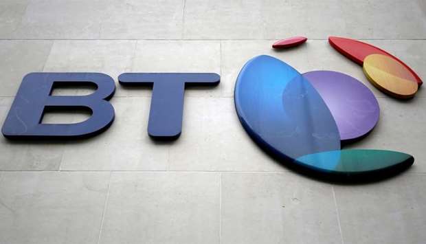 A branded sign is displayed outside of a BT building in London