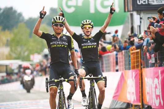 Mitchelton-Scottu2019s Colombian rider Esteban Chaves (left) crosses the finish line ahead of British teammate Simon Yates to win the sixth stage of the 101st Giro du2019Italia at Mount Etna, Italy, yesterday. (AFP)