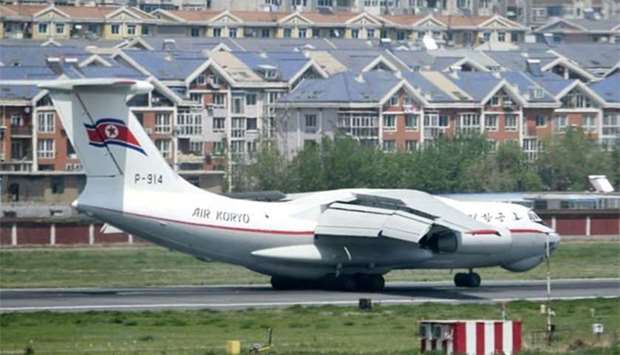 A North Korean Air Koryo Ilyushin IL76M airplane arrives at an airport in Dalian, Liaoning province, China, in this photo taken by Kyodo on May 8.