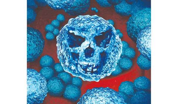 Superbug danger concept as a killer bacteria shaped as a death skull face as a symbol for medical healthcare risk and antimicrobial resistance health hazard icon as a bacterium infection inside the human body.