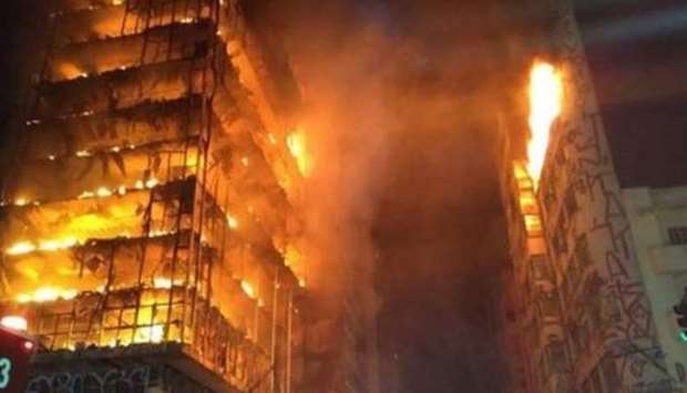 Blazing building collapses in Sao Paulo