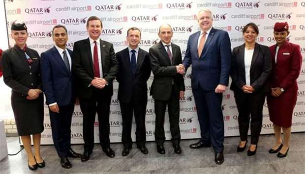 Qatar Airways Group chief executive Akbar al-Baker with other dignitaries following the arrival of the inaugural Qatar Airways flight at Cardiff.