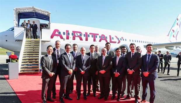 Al-Baker and other dignitaries with Air Italy's first Boeing 737 Max in new livery at the Boeing Everett Delivery Centre in Seattle on Saturday. Qatar Airways holds 49% of AQA Holding, the new parent company of Air Italy.