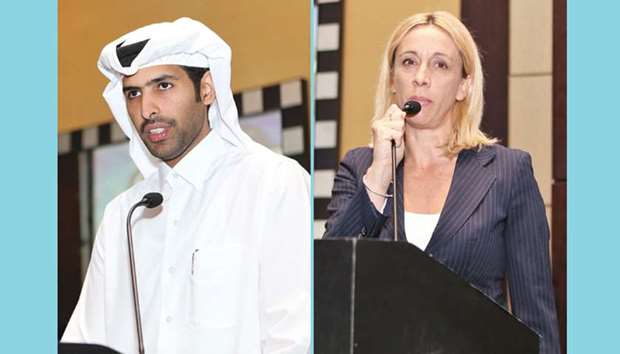 President of the Italian Chamber of Commerce in Qatar, Sheikh Mohamed bin Faisal bin Qassim al-Thani, speaking at the u2018Qatar Asia Business Insightsu2019 event in Doha yesterday. RIGHT: The chairperson of Italian Chamber of Commerce in Qatar, Palma Libotte, speaking at the event. PICTURES: Jayaram