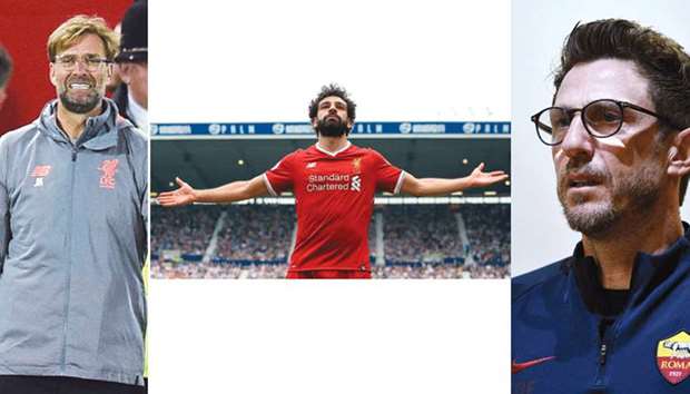 From left: Liverpool coach Jurgen Klopp; Mohamed Salah has already scored 43 goals for Liverpool across competitions this season and Roma coach Eusebio Di Francesco.