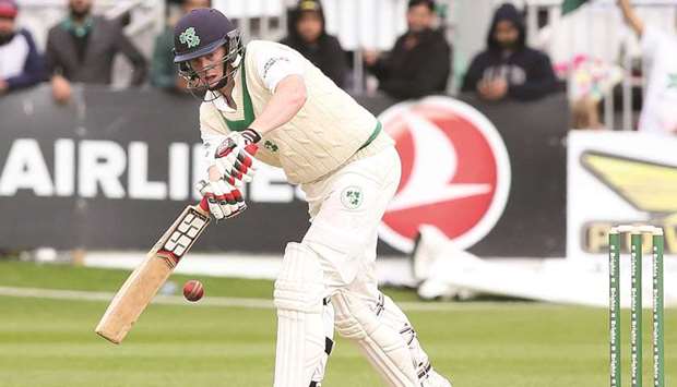 Irelandu2019s Kevin Ou2019Brien plays a shot on day four of Irelandu2019s first Test against Pakistan at Malahide Cricket Club in Dublin yesterday. (AFP)