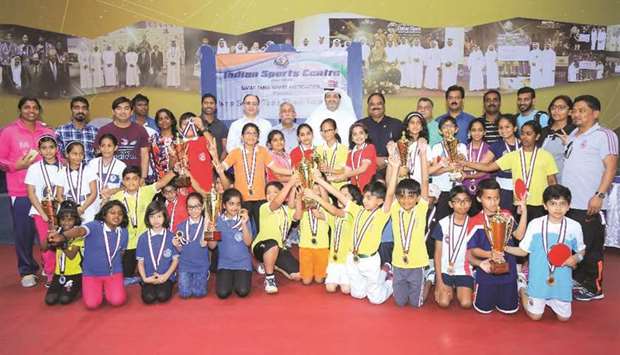 Qatar Table Tennis Association (QTTA) general secretary Mohamed Abdulla Saleh, QTTA Technical Director and Qatar national team head coach Ziad Mahmood, Indian Sports Centre (ISC) president Nilangshu Dey, ISC general secretary M Habibun Nabi and other officials pose with the winners and runners-up of the 2nd ISC Inter-School Table Tennis Tournament.