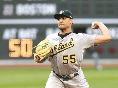 Oakland Athletics starting pitcher Sean Manaea pitches against the Boston Red Sox during first inning of their MLB game at Fenway Park. PICTURE: USA TODAY Sports