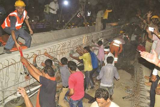 Rescue operations underway at the site where the under-construction flyover collapsed in Varanasi yesterday.