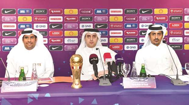 (From left) Qatar Football Associationu2019s Marketing and Communication director Khalid Mubarak al-Kuwari, Tournament Director Abdullah al-Saai and Captain Abdullah al-Ghanim of Lekhwiya gave out the details of preparations during a press conference. PICTURE: Noushad Thekkayil