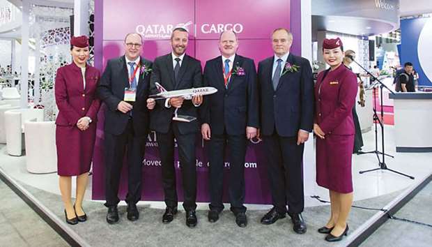 Dignitaries at the Qatar Airways Cargou2019s exhibition stand at Air Cargo China taking place at the Shanghai New International Expo Centre yesterday.