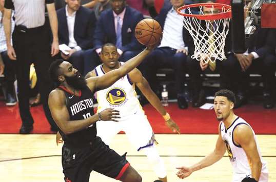 James Harden of the Houston Rockets shoots against the Golden State Warriors in the second-half of game two of the Western Conference Finals of the 2018 NBA Playoffs at Toyota Centre in Houston, Texas. (AFP)