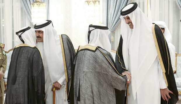 His Highness the Amir Sheikh Tamim bin Hamad al-Thani and His Highness the Father Amir Sheikh Hamad bin Khalifa al-Thani receives  well-wishers
